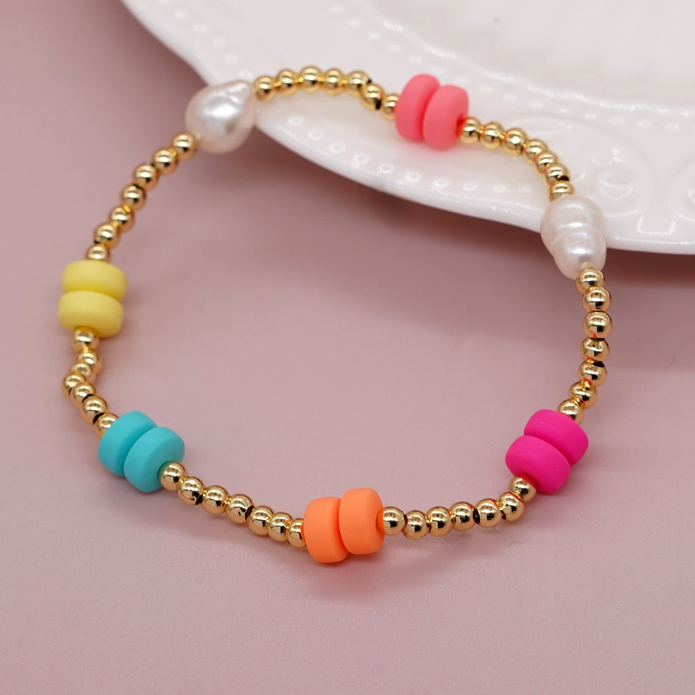 Simple Classic Pearl Acrylic Freshwater Pearl Copper Beaded Bracelet with Colorful Soft Pottery Pearls