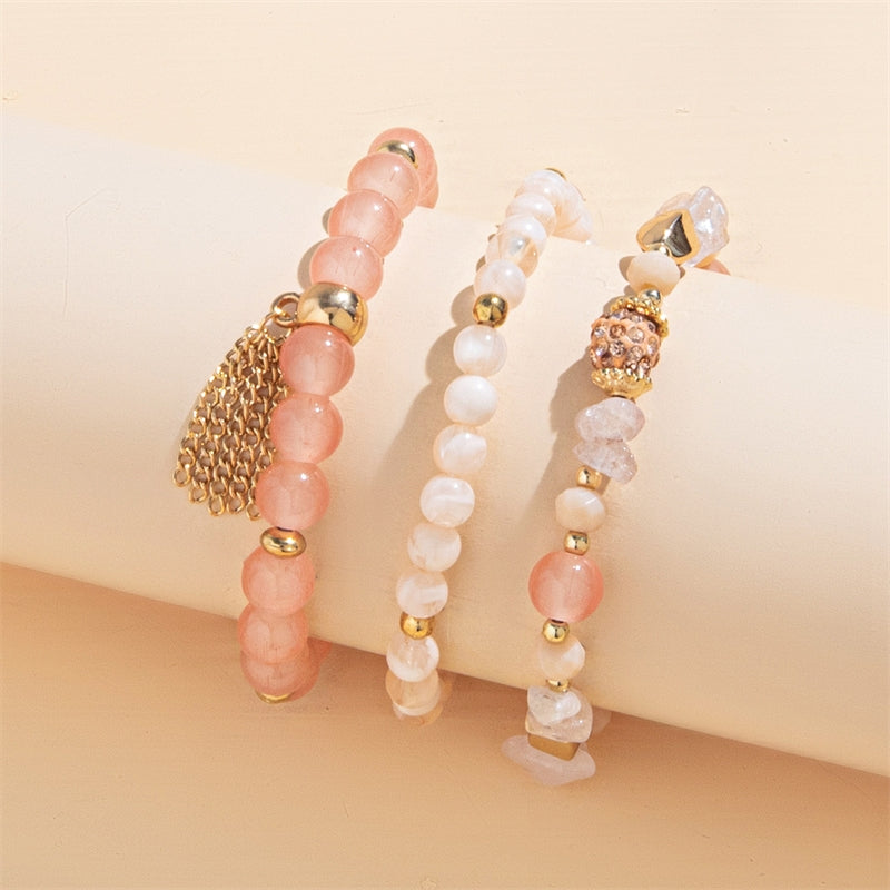 Simple Classic Round Crystal Beaded Alloy Resin Bracelet Set