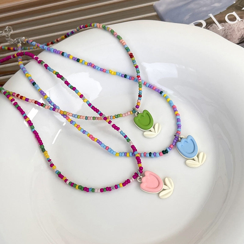 Simple Classic Round Beaded Alloy Women's Necklace with Candy Color Tulip Design