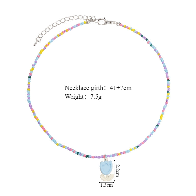 Simple Classic Round Beaded Alloy Women's Necklace with Candy Color Tulip Design