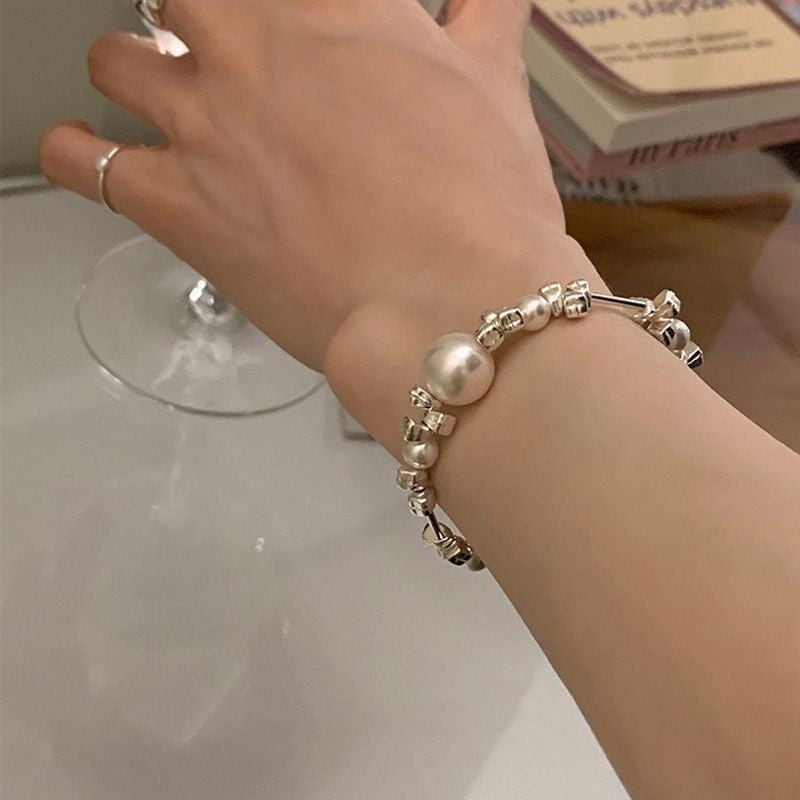 Simple Classic Round Brass and Silver Pearl Beaded Bracelet 2023