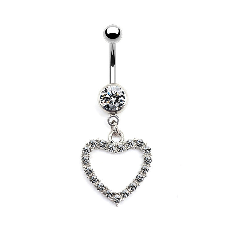 Simple Classic Heart Shape Floral Rhinestone Belly Ring in White Gold Plated Stainless Steel and Copper Alloy