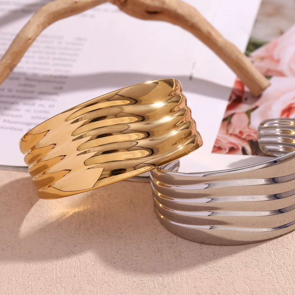 18K Gold Plated Stainless Steel Bamboo Open Bangle Bracelet for Women