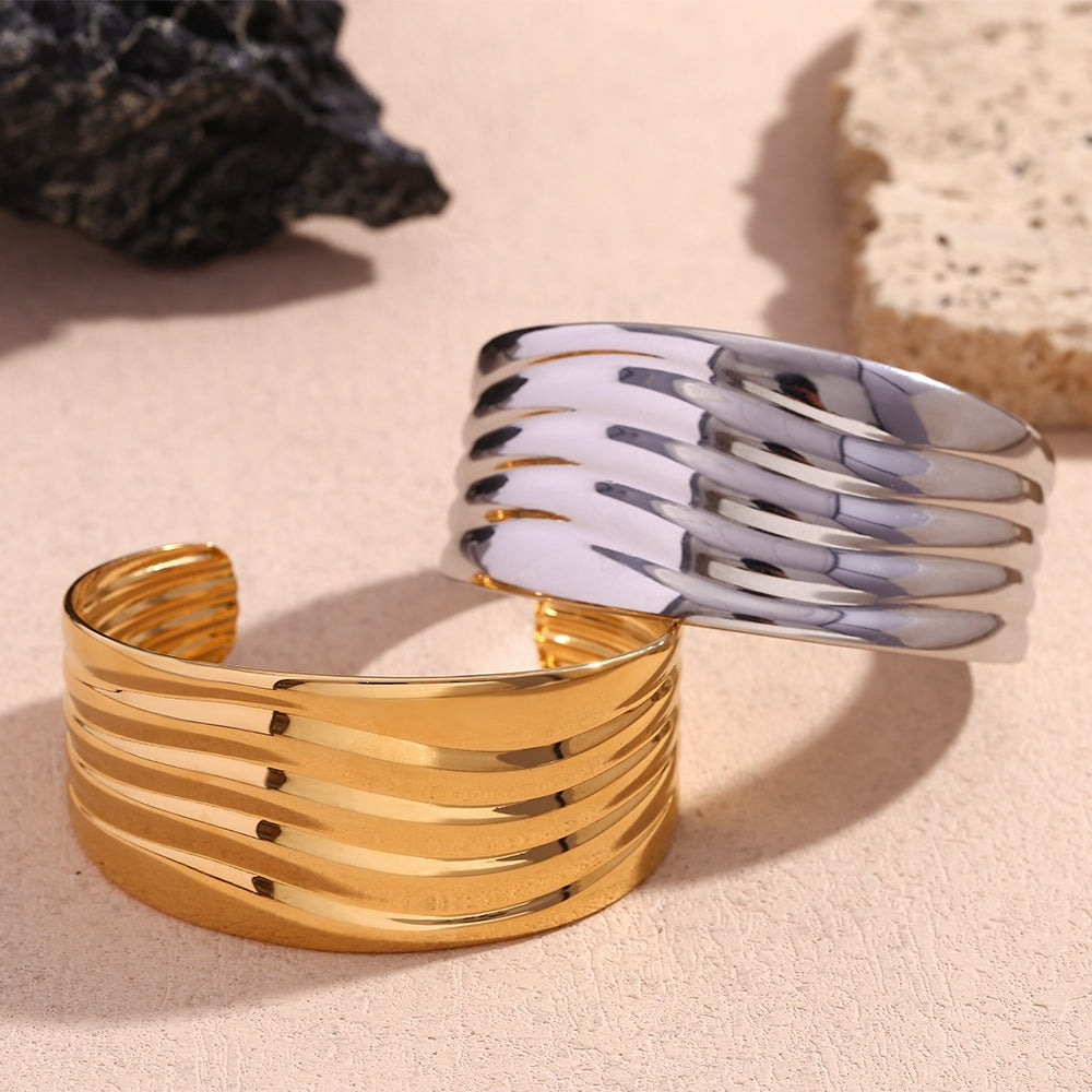 18K Gold Plated Stainless Steel Bamboo Open Bangle Bracelet for Women