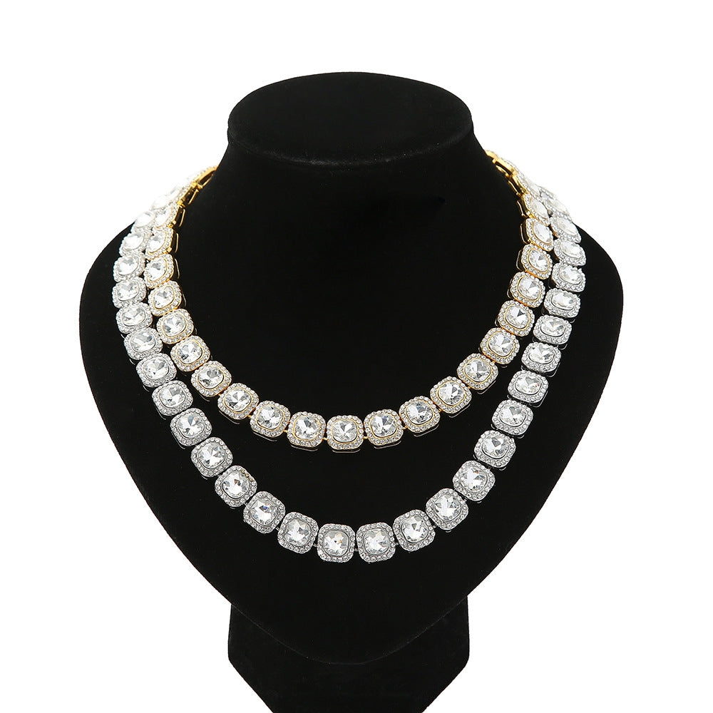 Men's Solid Color Alloy Inlay Bracelet & Hip-Hop Cuban Chain Necklace with Square Diamond Pendant