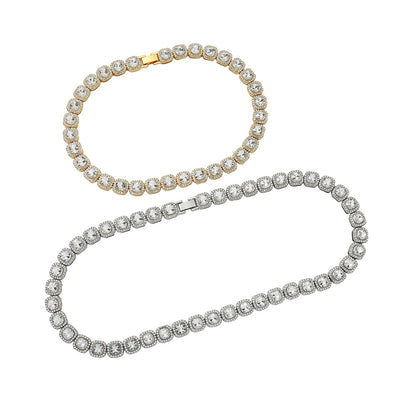 Men's Solid Color Alloy Inlay Bracelet & Hip-Hop Cuban Chain Necklace with Square Diamond Pendant