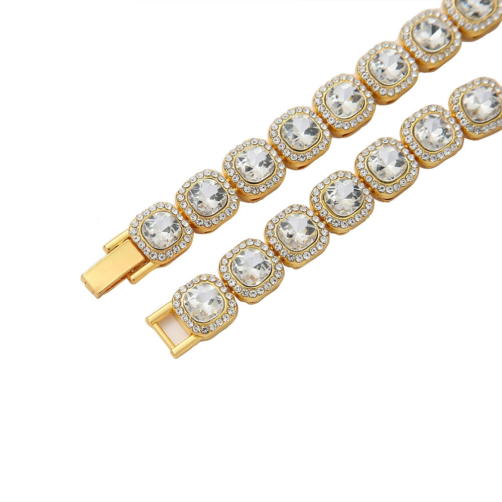 Men's Solid Color Alloy Inlay Bracelet & Hip-Hop Cuban Chain Necklace with Square Diamond Pendant