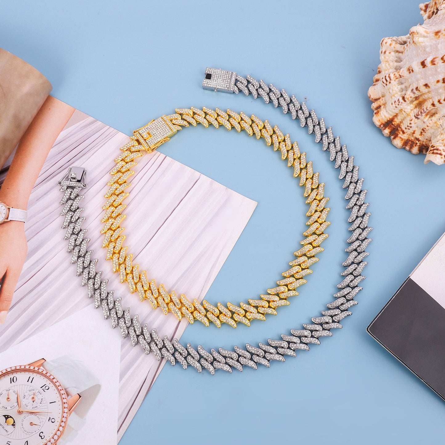 Men's Rhinestone Inlay Cuban Chain Necklace and Bracelet Set