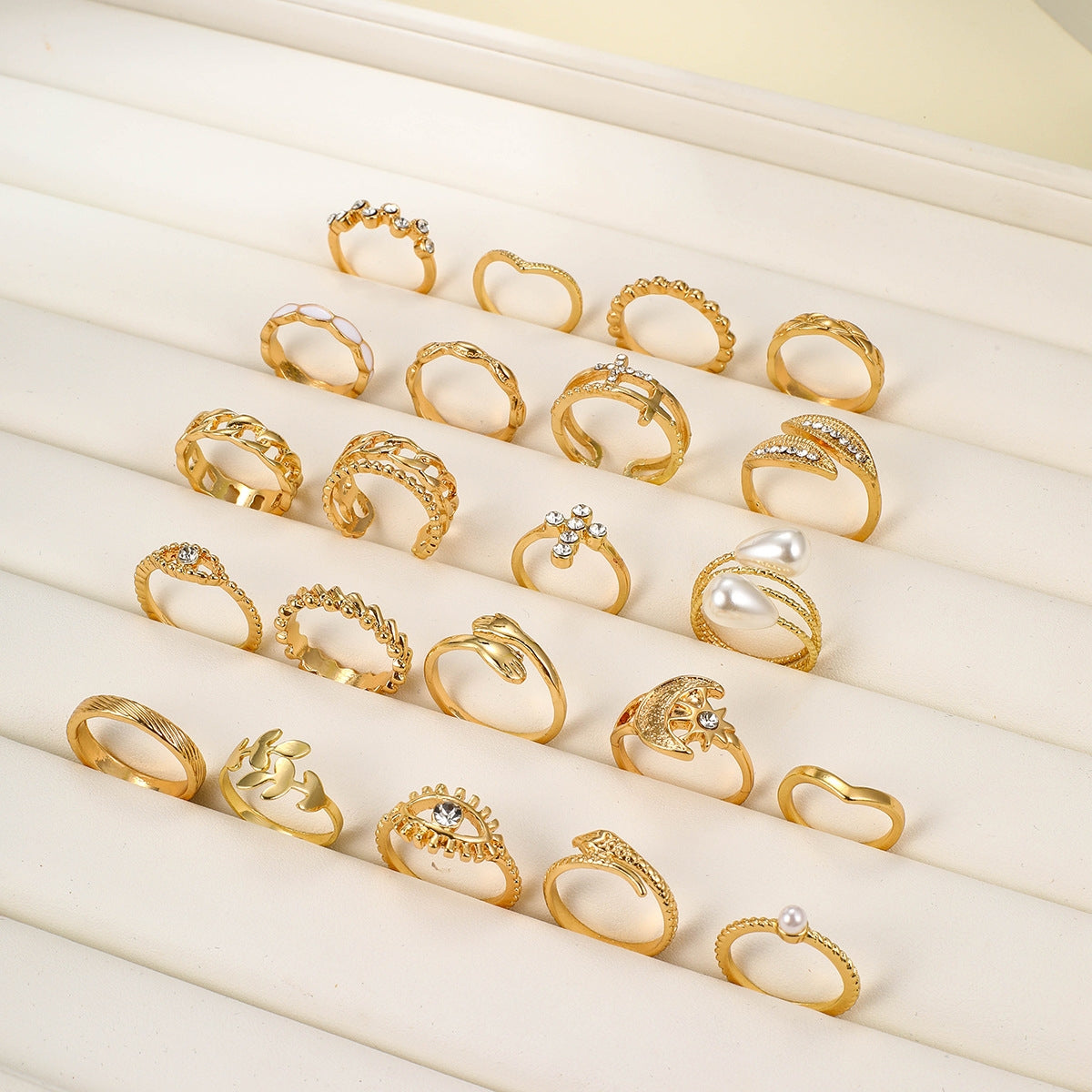 Simple Classic Solid Color Rhinestone Pearl Women's Ring Set - 23 Piece Gold Geometric Knuckle Rings with Cross, Moon, and Leaf Designs