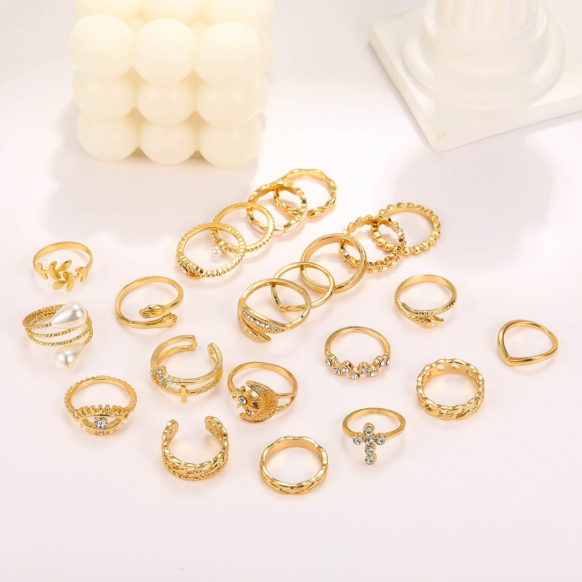 Simple Classic Solid Color Rhinestone Pearl Women's Ring Set - 23 Piece Gold Geometric Knuckle Rings with Cross, Moon, and Leaf Designs