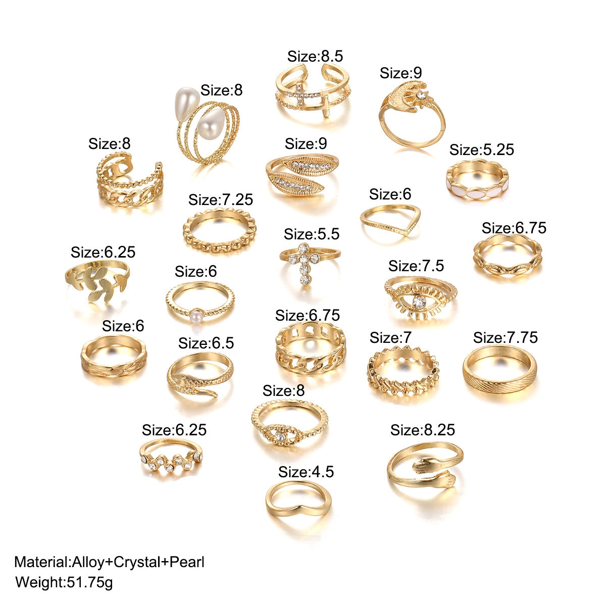 Simple Classic Solid Color Rhinestone Pearl Women's Ring Set - 23 Piece Gold Geometric Knuckle Rings with Cross, Moon, and Leaf Designs