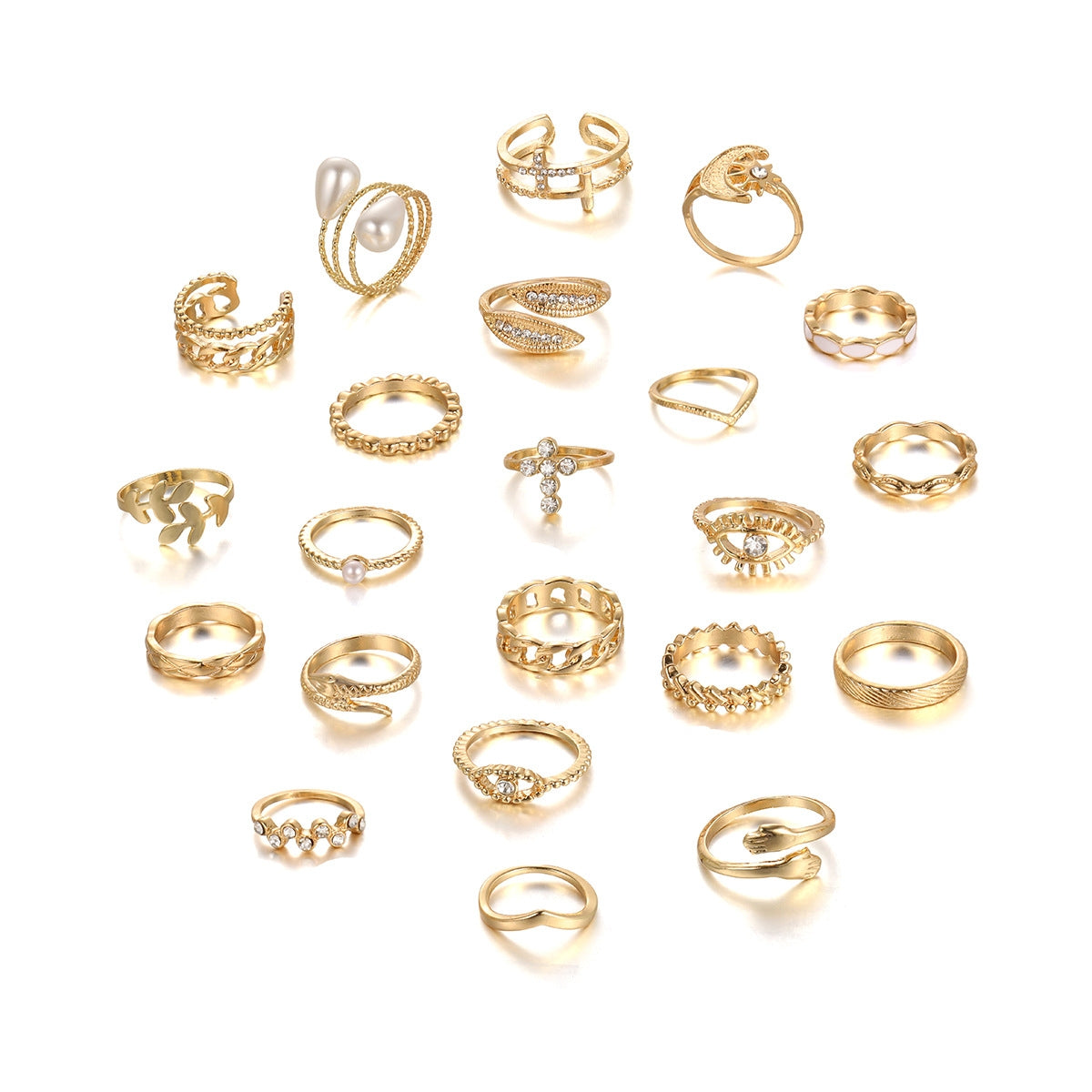 Simple Classic Solid Color Rhinestone Pearl Women's Ring Set - 23 Piece Gold Geometric Knuckle Rings with Cross, Moon, and Leaf Designs