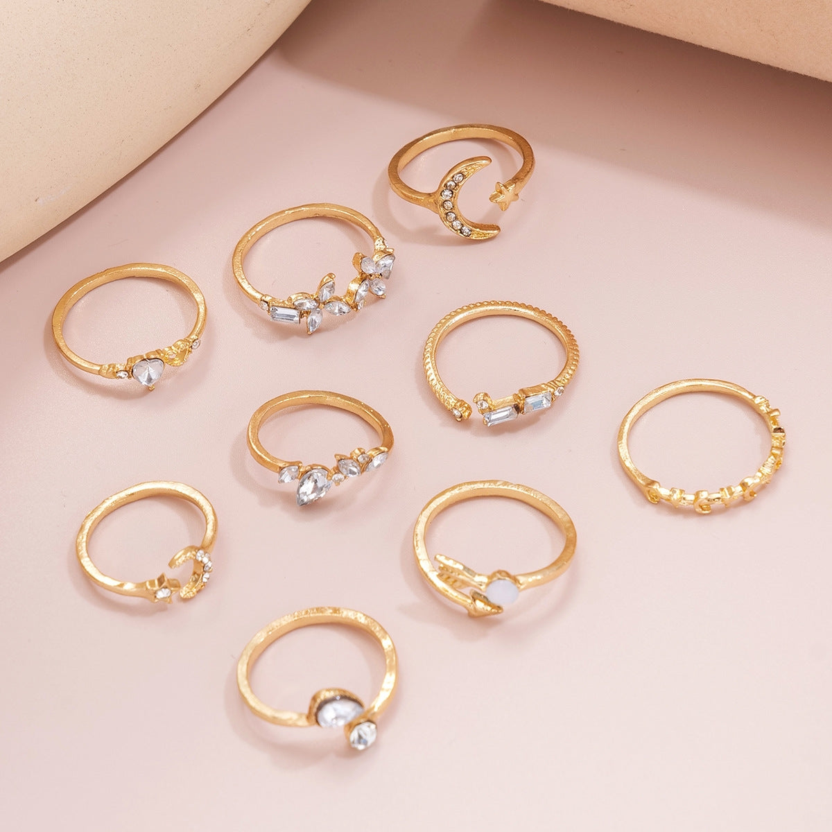 Simple Classic Gold Zircon Inlay Heart Love Ring Set for Women