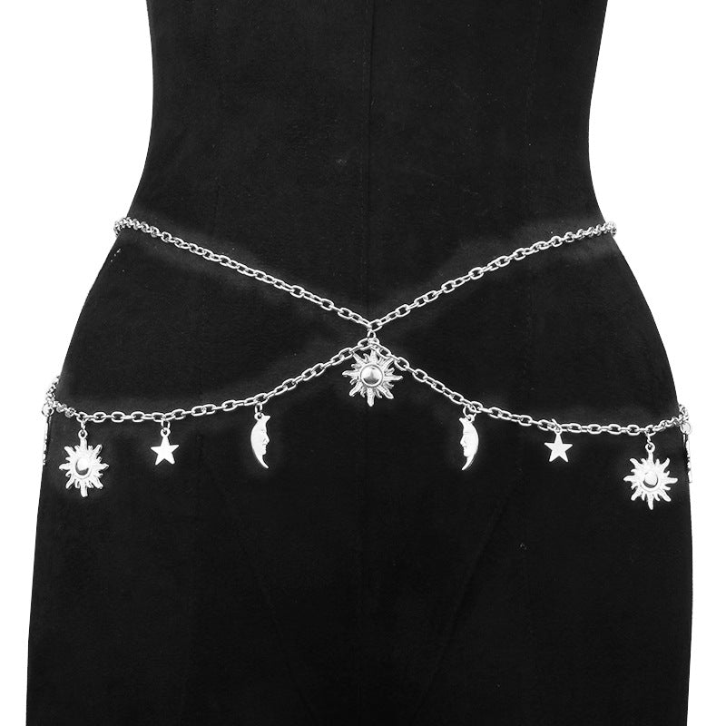 Simple Style Solid Color Alloy Women's Chain Belt with Sun and Moon Body Chain Design