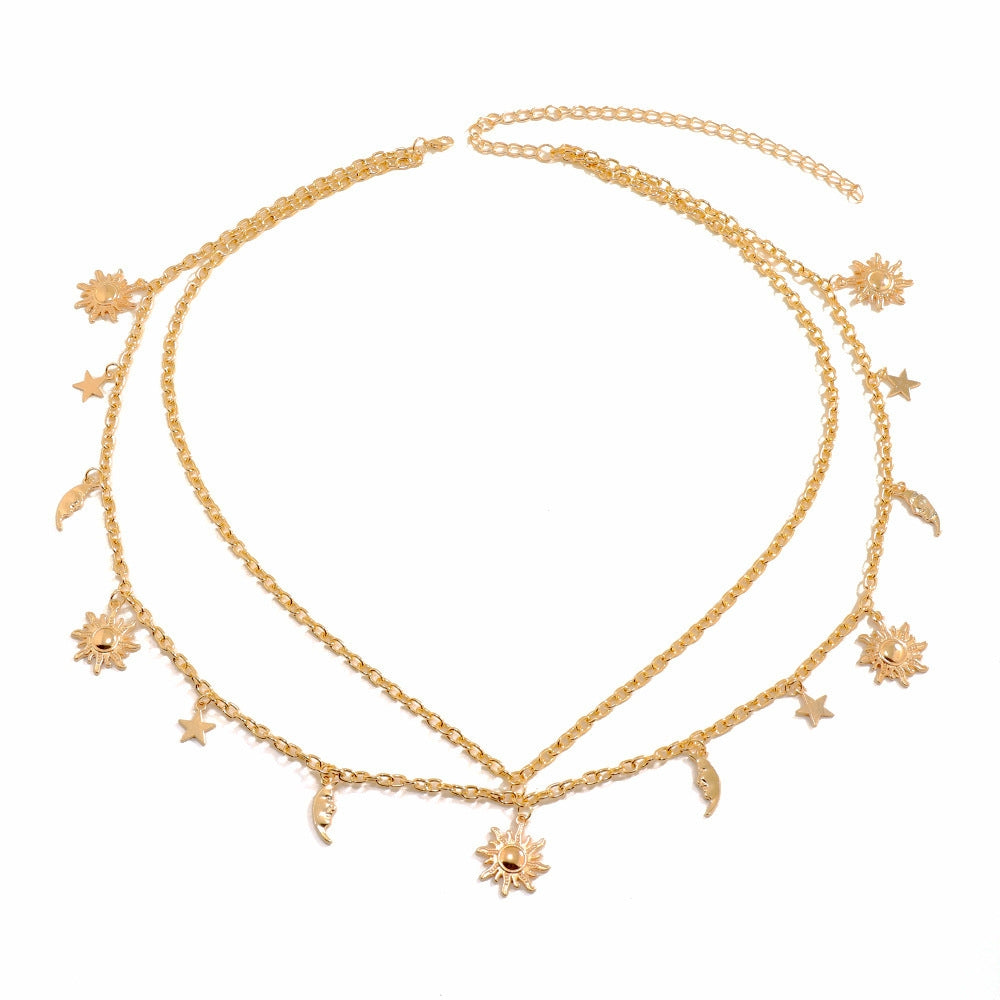 Simple Style Solid Color Alloy Women's Chain Belt with Sun and Moon Body Chain Design