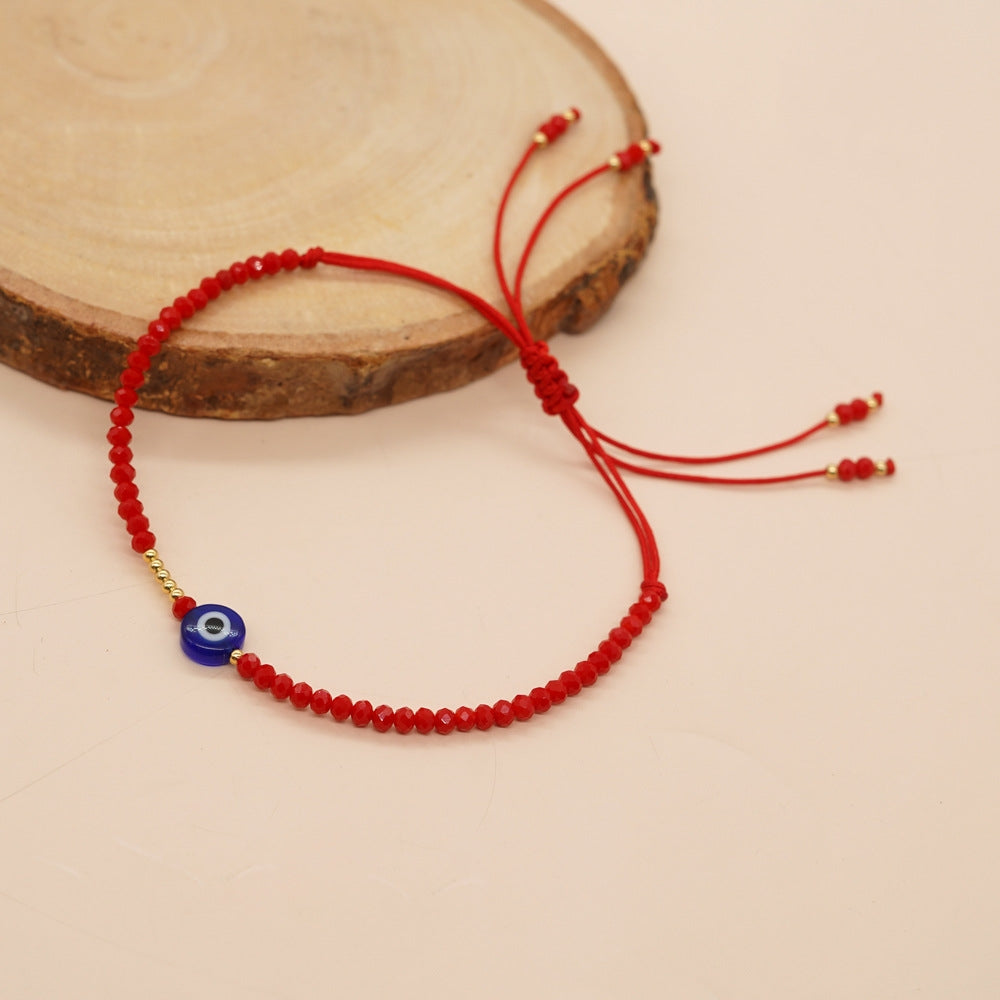Bohemian Red Crystal & Blue Glass Beaded Women's Drawstring Bracelet