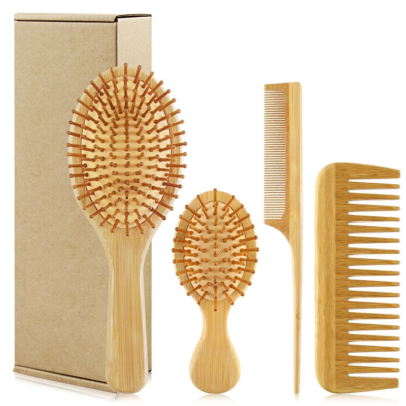 Simple Style Solid Color Bamboo Massage Comb Set - Air Cushion, Kids, Wide Tooth, Sharp Tail Comb