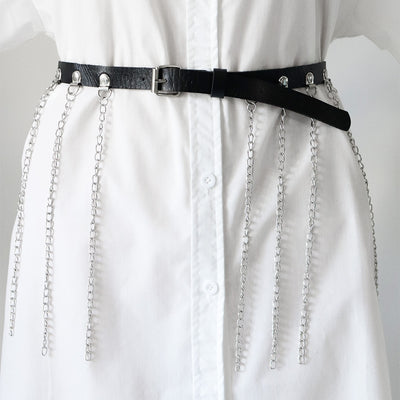 Simple Style Solid Color PU Leather Alloy Chain Women's Belt with Tassel and Gothic Punk Harness