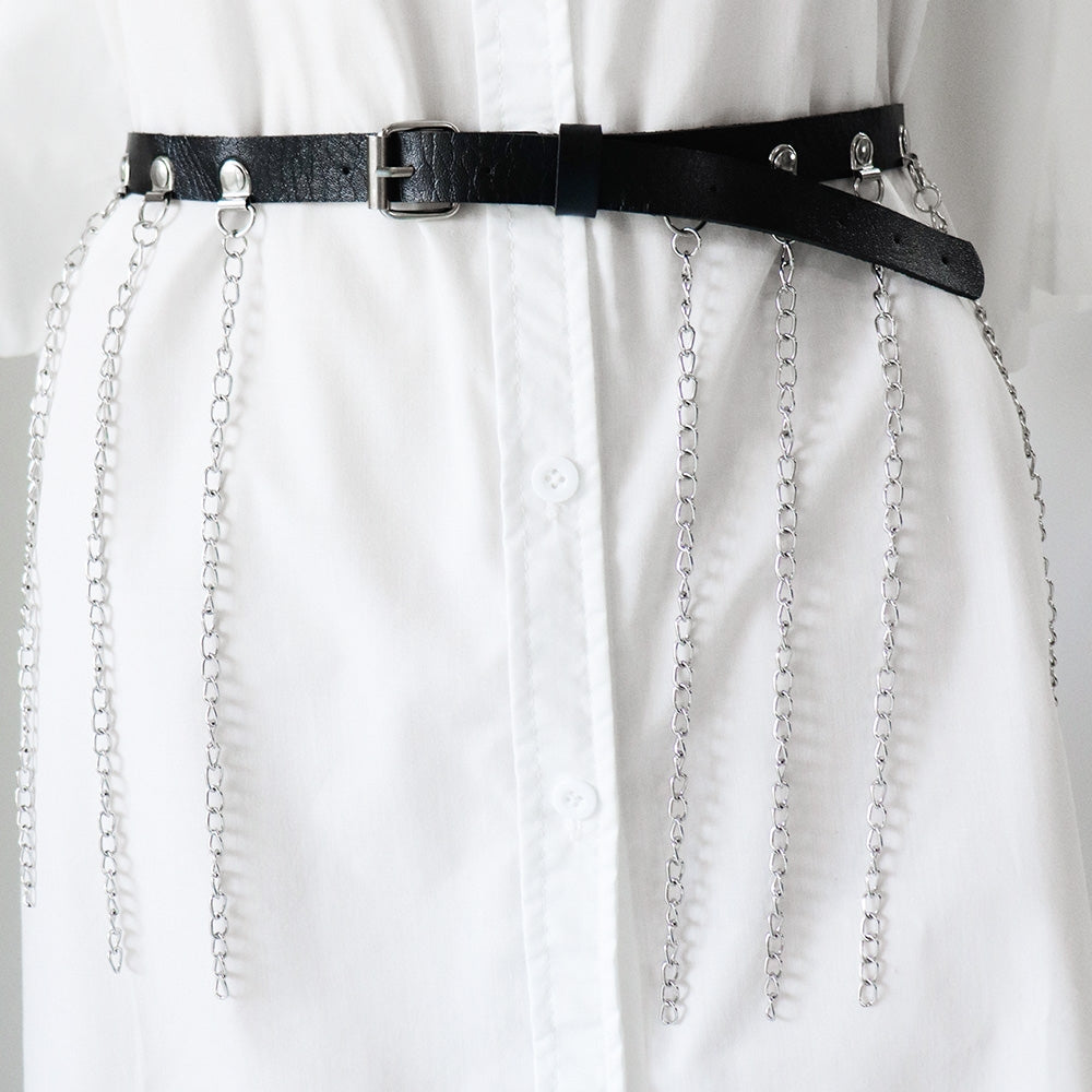 Simple Style Solid Color PU Leather Alloy Chain Women's Belt with Tassel and Gothic Punk Harness