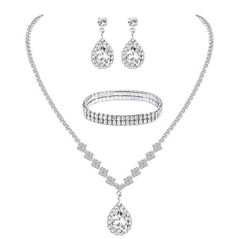 Simple Classic Water Droplet Zirconia Jewelry Set for Women - Necklace, Earrings, and Bracelet