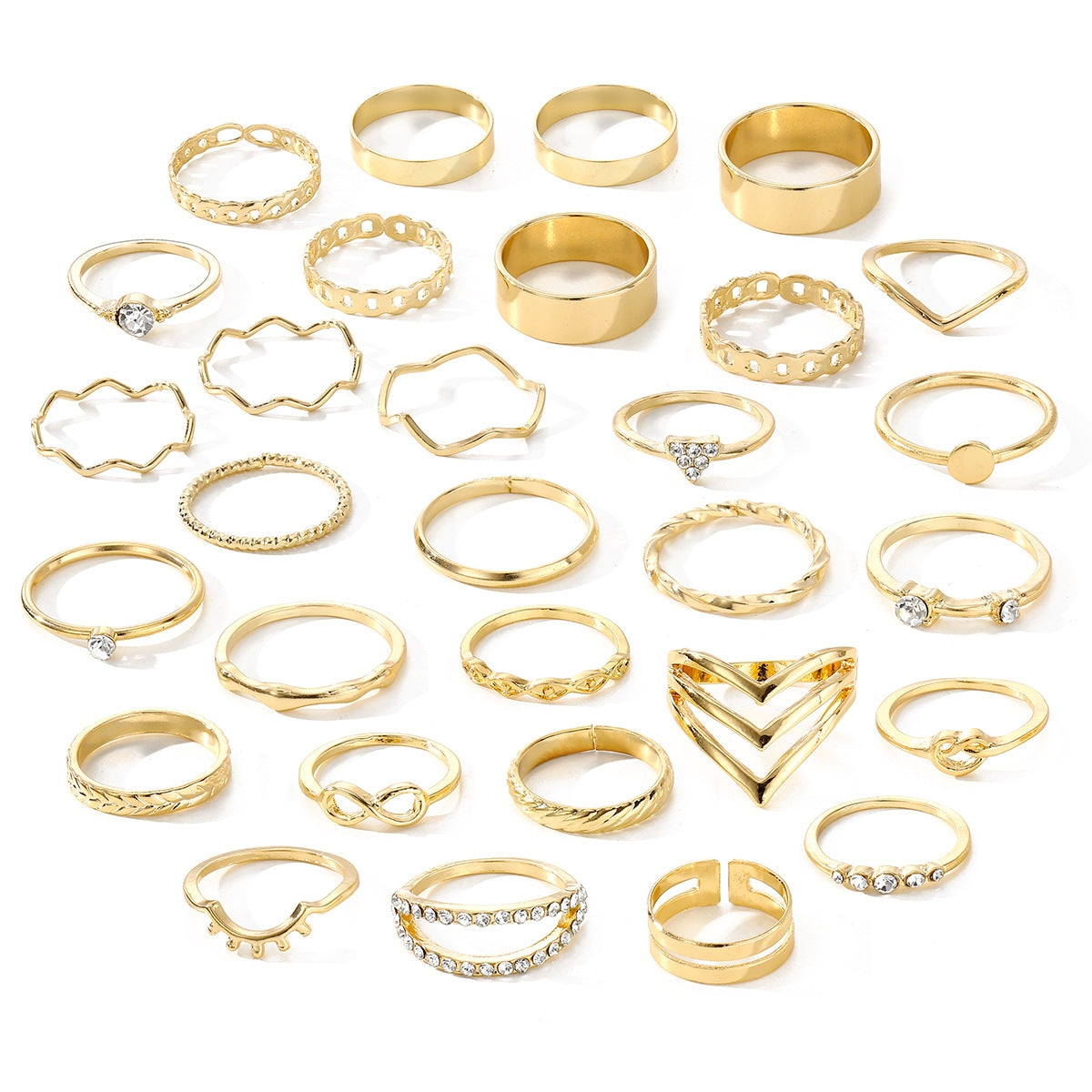 Simple Wave Heart Triangle Chain Ring Set - 30 Pieces Alloy Plated Women's Rings