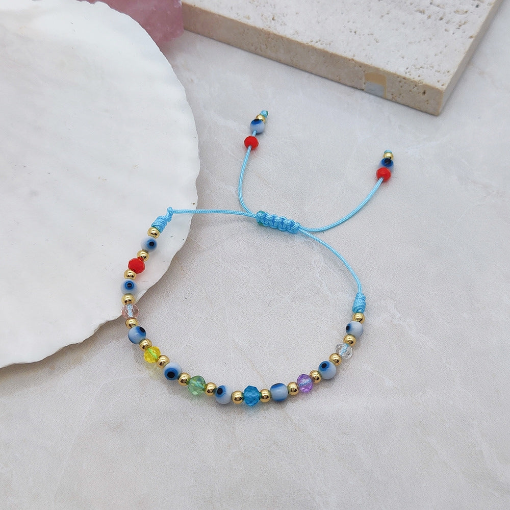 Simple Style Evil Eye Colorful Crystal Beaded Rope Knitting Women's Bracelet