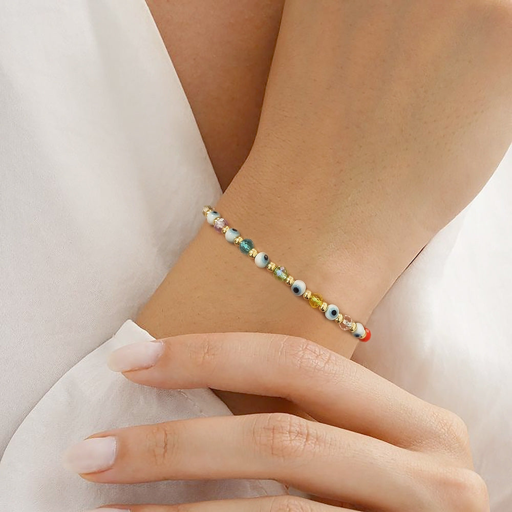 Simple Style Evil Eye Colorful Crystal Beaded Rope Knitting Women's Bracelet