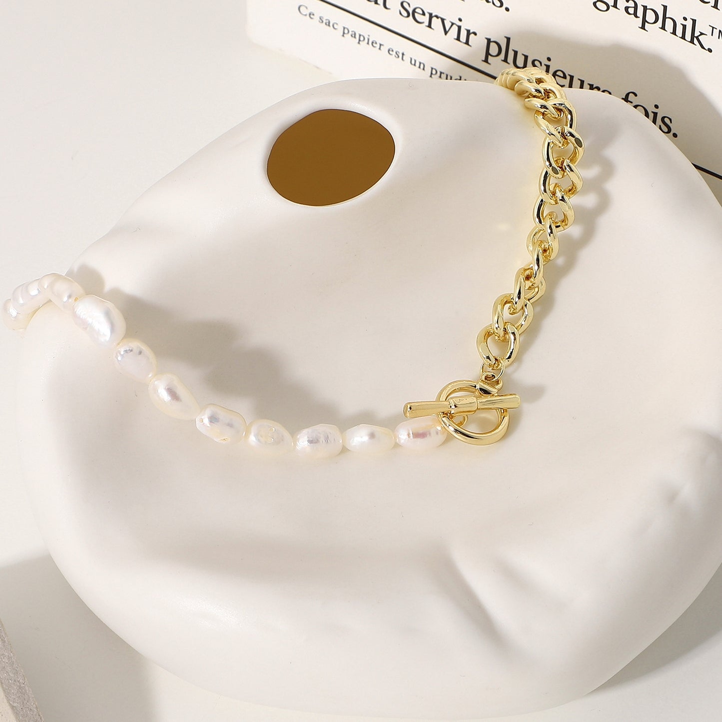 Simple Style Freshwater Pearl Copper Patchwork Necklace with Titanium Steel Chain