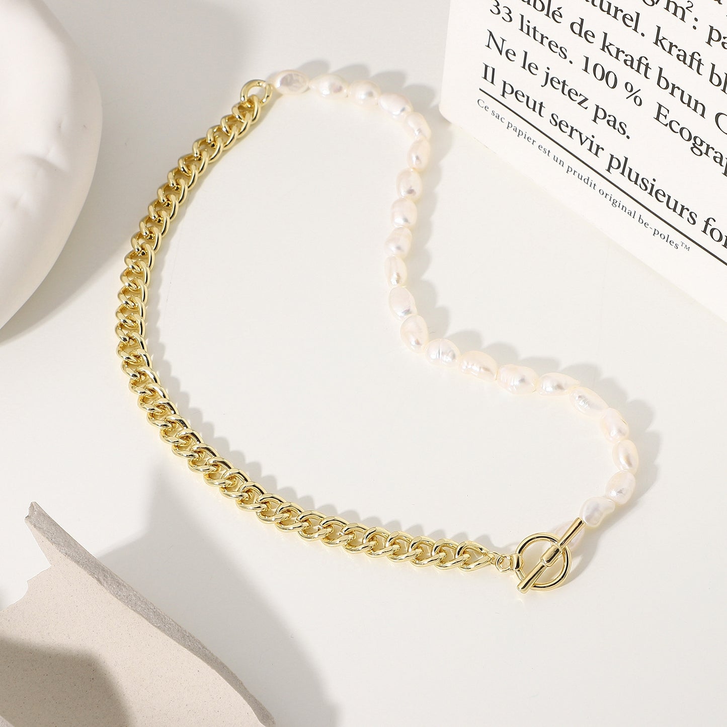 Simple Style Freshwater Pearl Copper Patchwork Necklace with Titanium Steel Chain