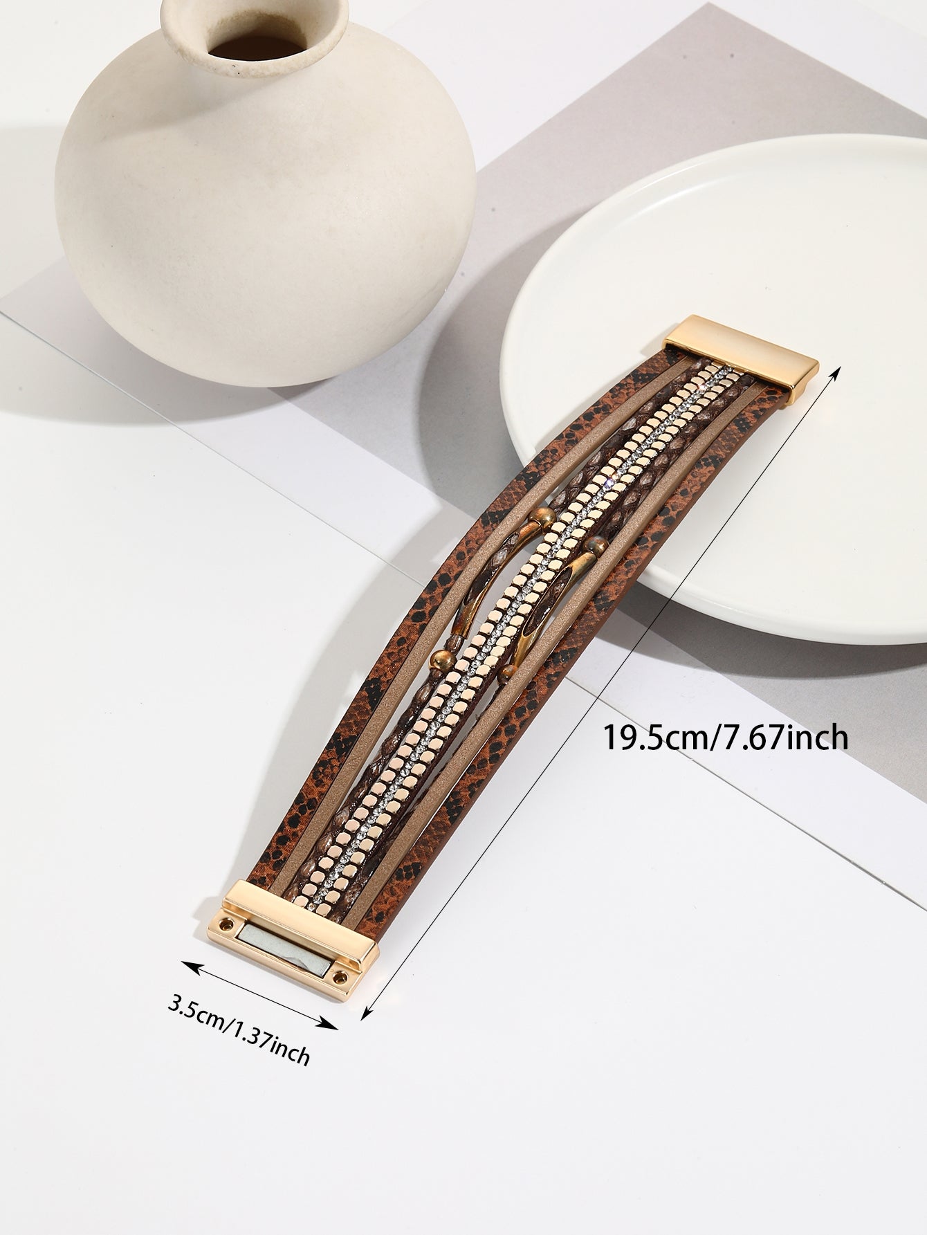 Simple Style Color Block PU Leather Rhinestone Bangle and Snakeskin Beaded Magnetic Clasp Bracelet for Women