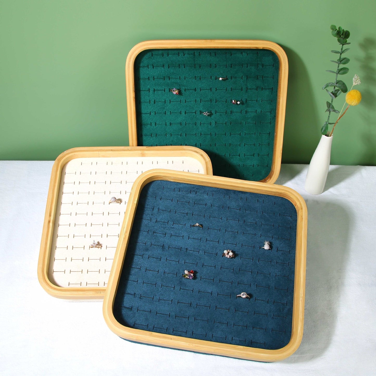 Simple Style Color Block Solid Wood Jewelry Display Rack with Green Velvet Bamboo Tray