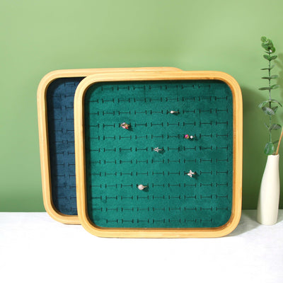 Simple Style Color Block Solid Wood Jewelry Display Rack with Green Velvet Bamboo Tray