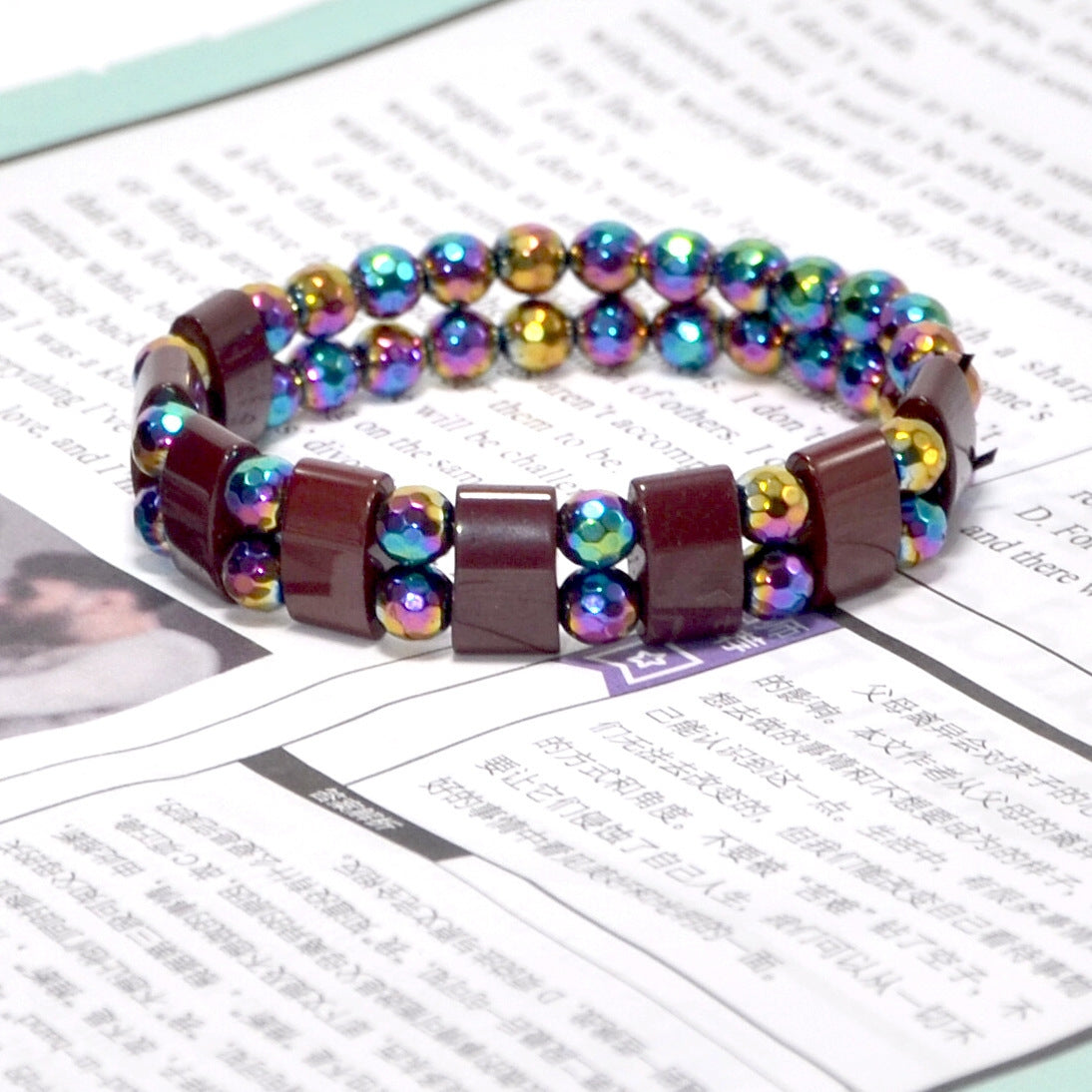 Colorful Obsidian and Hematite Double-Row Beaded Unisex Bracelet