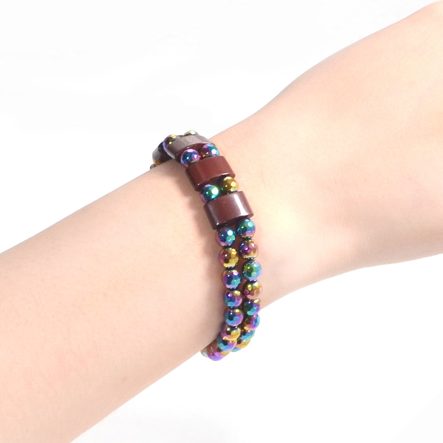 Colorful Obsidian and Hematite Double-Row Beaded Unisex Bracelet