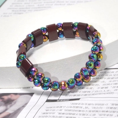 Colorful Obsidian and Hematite Double-Row Beaded Unisex Bracelet