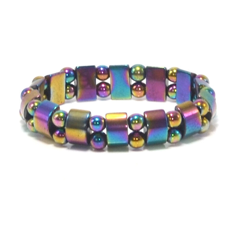 Colorful Obsidian and Hematite Double-Row Beaded Unisex Bracelet