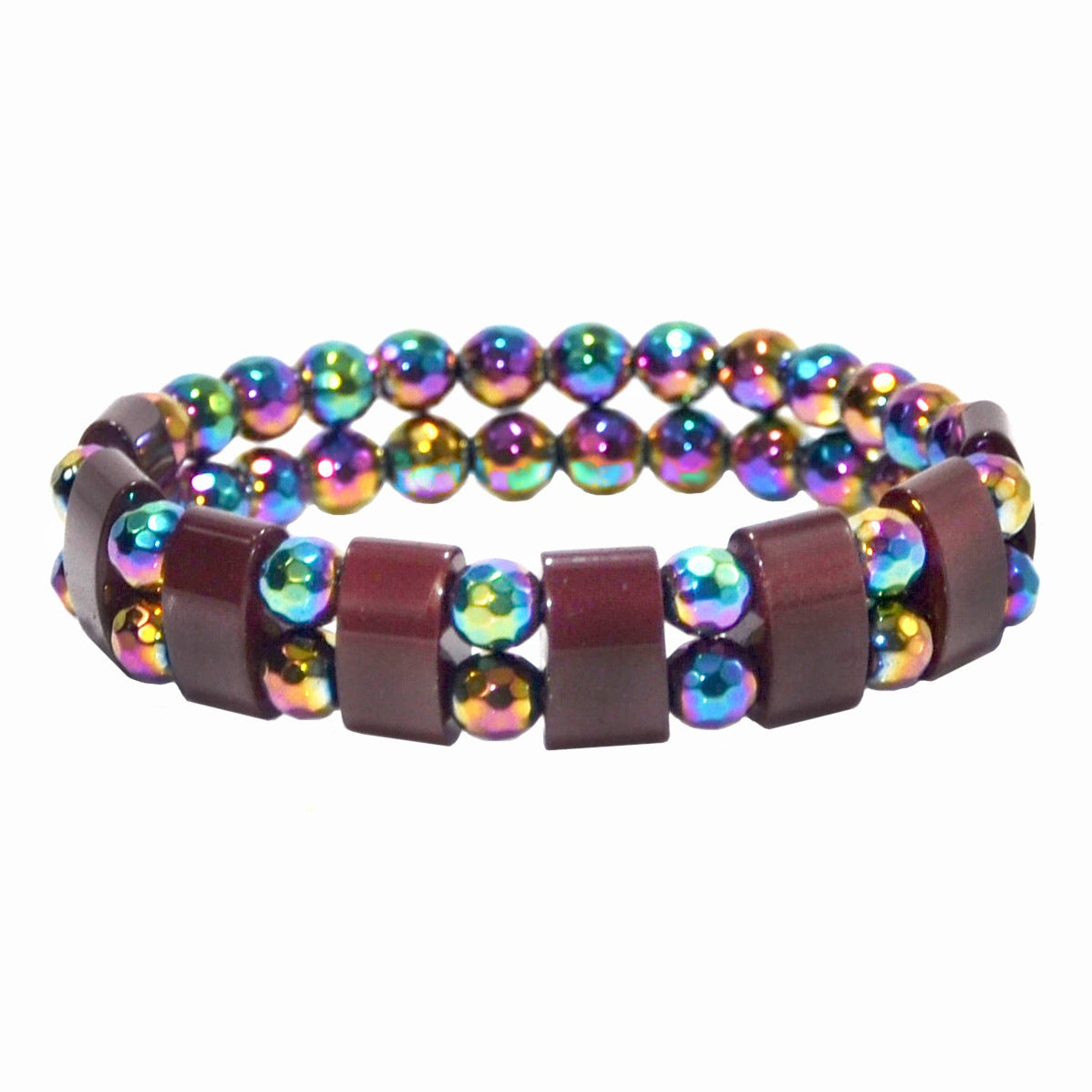 Colorful Obsidian and Hematite Double-Row Beaded Unisex Bracelet