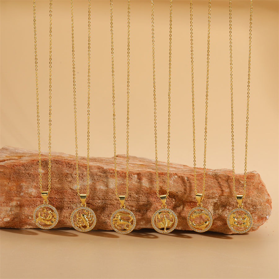 14K Gold Plated Zodiac Sign Pendant Necklace with Copper Micro Inlay and Hollow Constellation Design