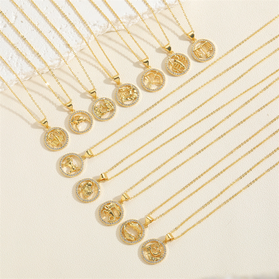 14K Gold Plated Zodiac Sign Pendant Necklace with Copper Micro Inlay and Hollow Constellation Design