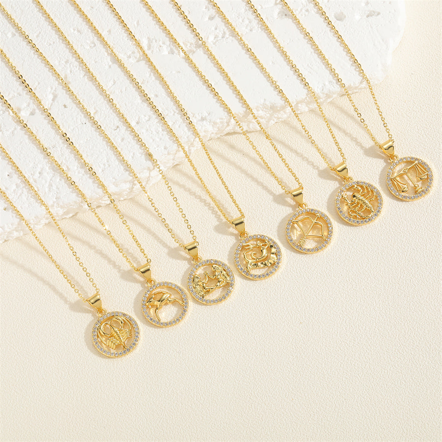 14K Gold Plated Zodiac Sign Pendant Necklace with Copper Micro Inlay and Hollow Constellation Design