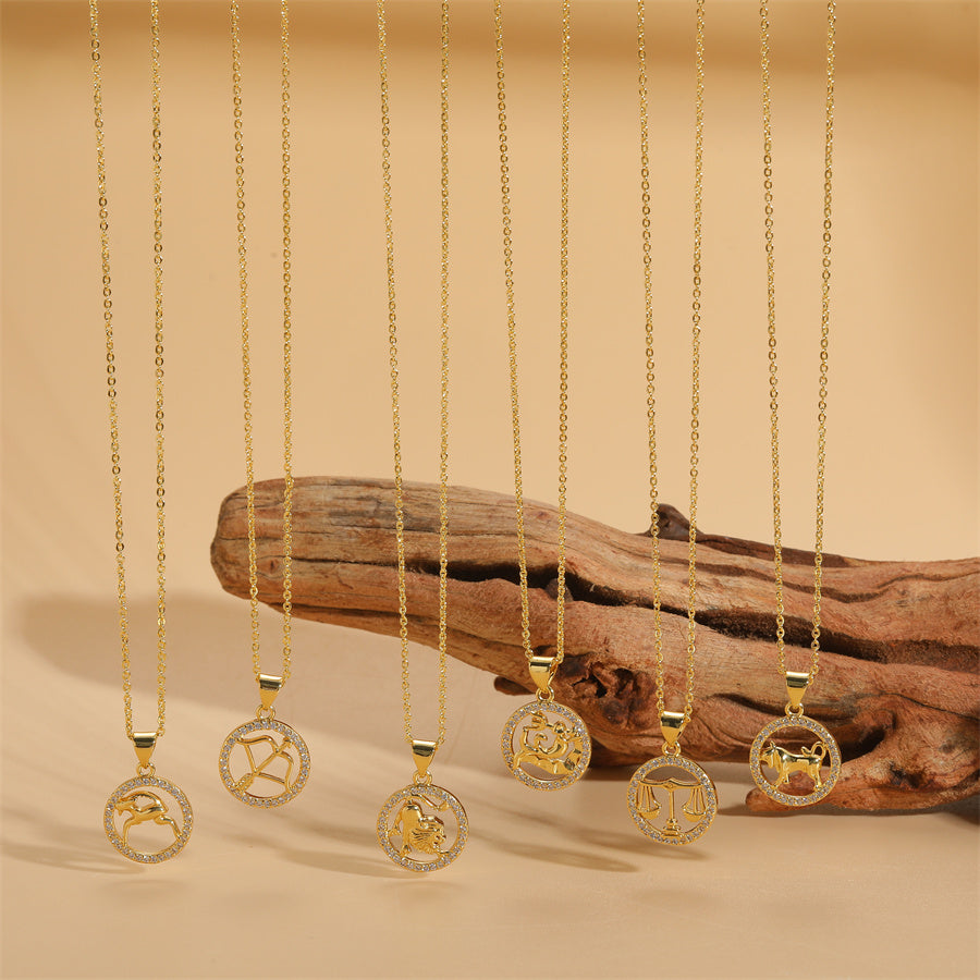 14K Gold Plated Zodiac Sign Pendant Necklace with Copper Micro Inlay and Hollow Constellation Design
