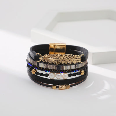 Bohemian Feather & Pearl Multi-Layer Leather Bracelet with Leaf Design