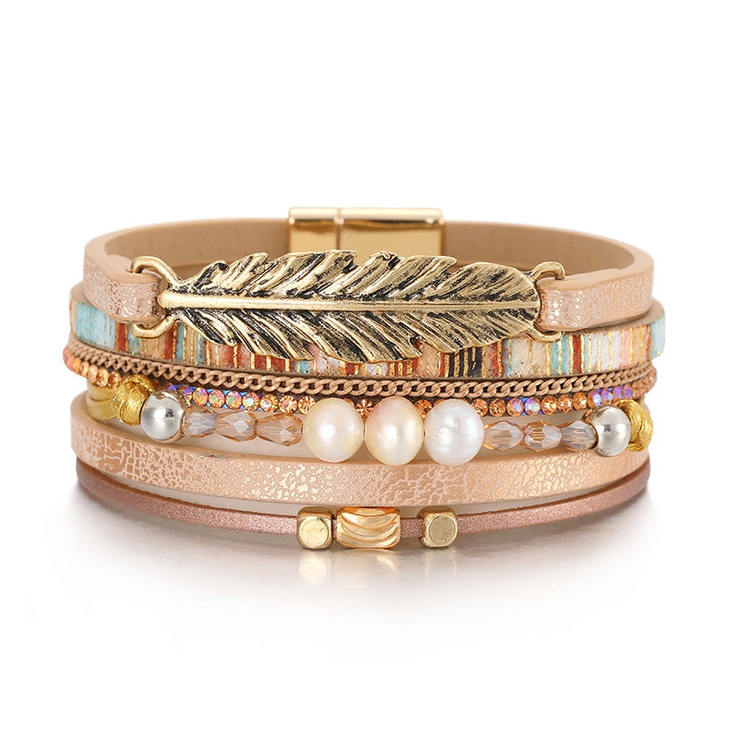 Bohemian Feather & Pearl Multi-Layer Leather Bracelet with Leaf Design