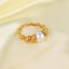 Simple Style Vintage Horn Design 18k Gold Plated Stainless Steel Ring with Pearl and Natural Stone