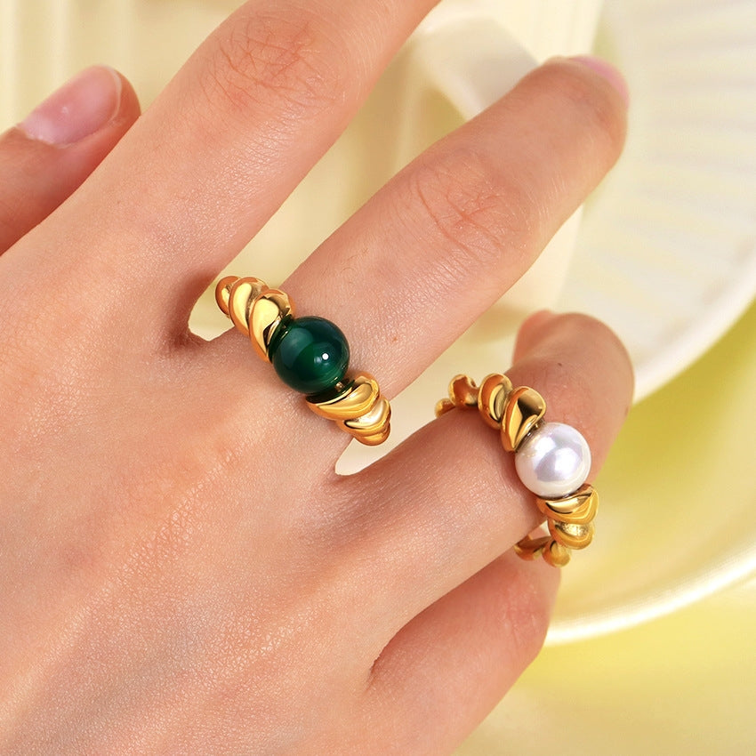 Simple Style Vintage Horn Design 18k Gold Plated Stainless Steel Ring with Pearl and Natural Stone