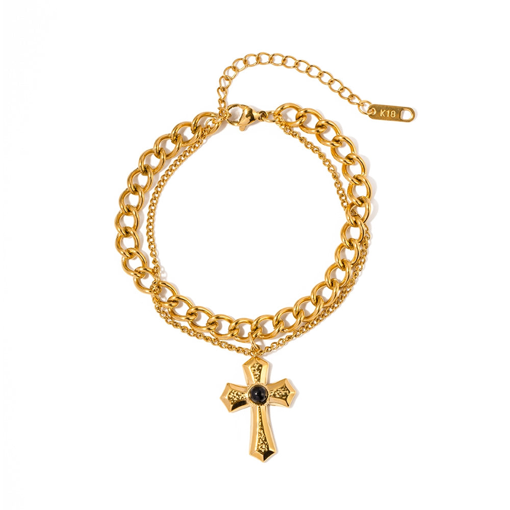 Minimalist Cross Double Layer Stainless Steel and Black Onyx Bracelet in Gold