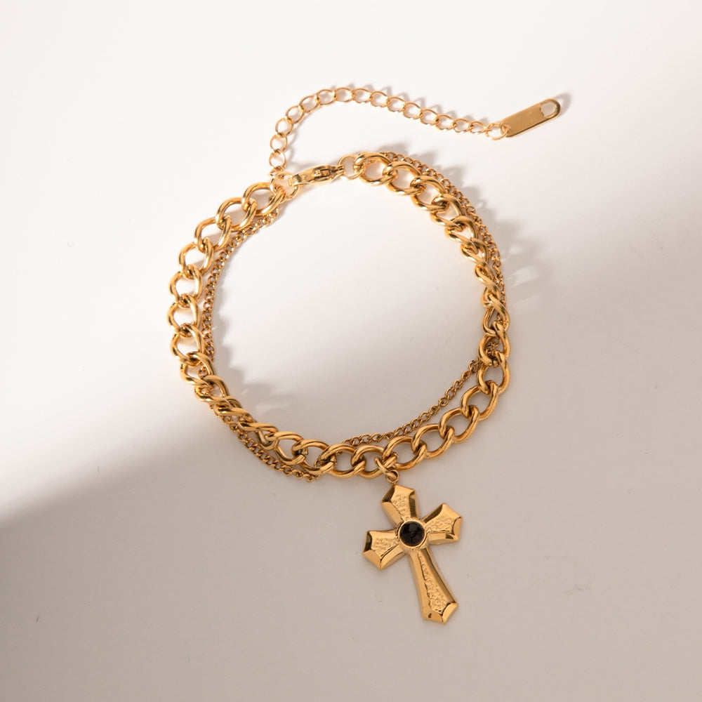 Minimalist Cross Double Layer Stainless Steel and Black Onyx Bracelet in Gold