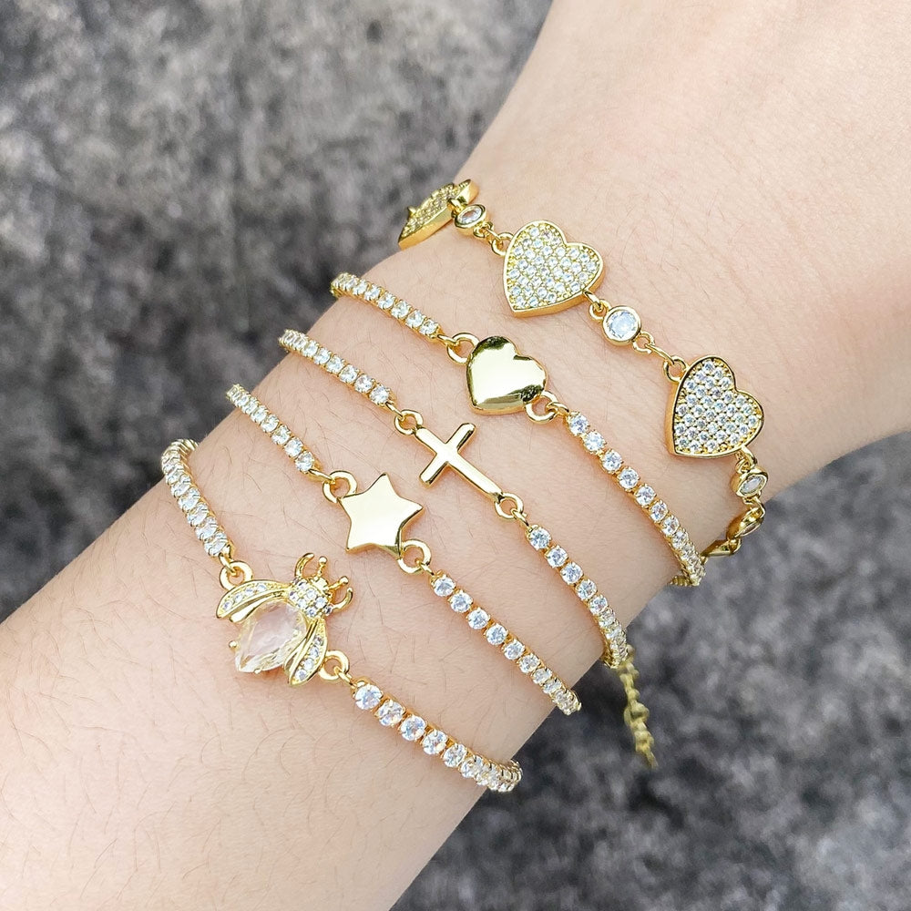 Simple Style Heart and Star Cross 18k Gold Plated Zircon Bracelet