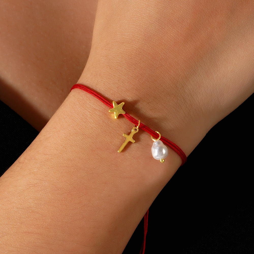 Simple Cross Star Copper Bead Bracelet with Imitation Pearl and Red Rope Pendant