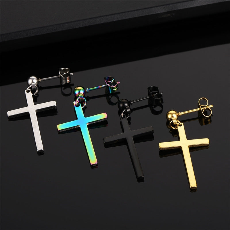 Simple Cross Titanium Steel Drop Earrings for Men